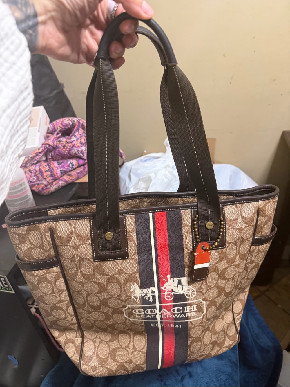 Coach Brown Signature Stripe Messenger Tote with Red & Navy Accents